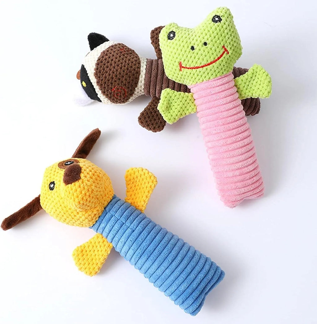 Dog squeaky plush chew toy in animal shape with massaging texture for dental care, 19cm length