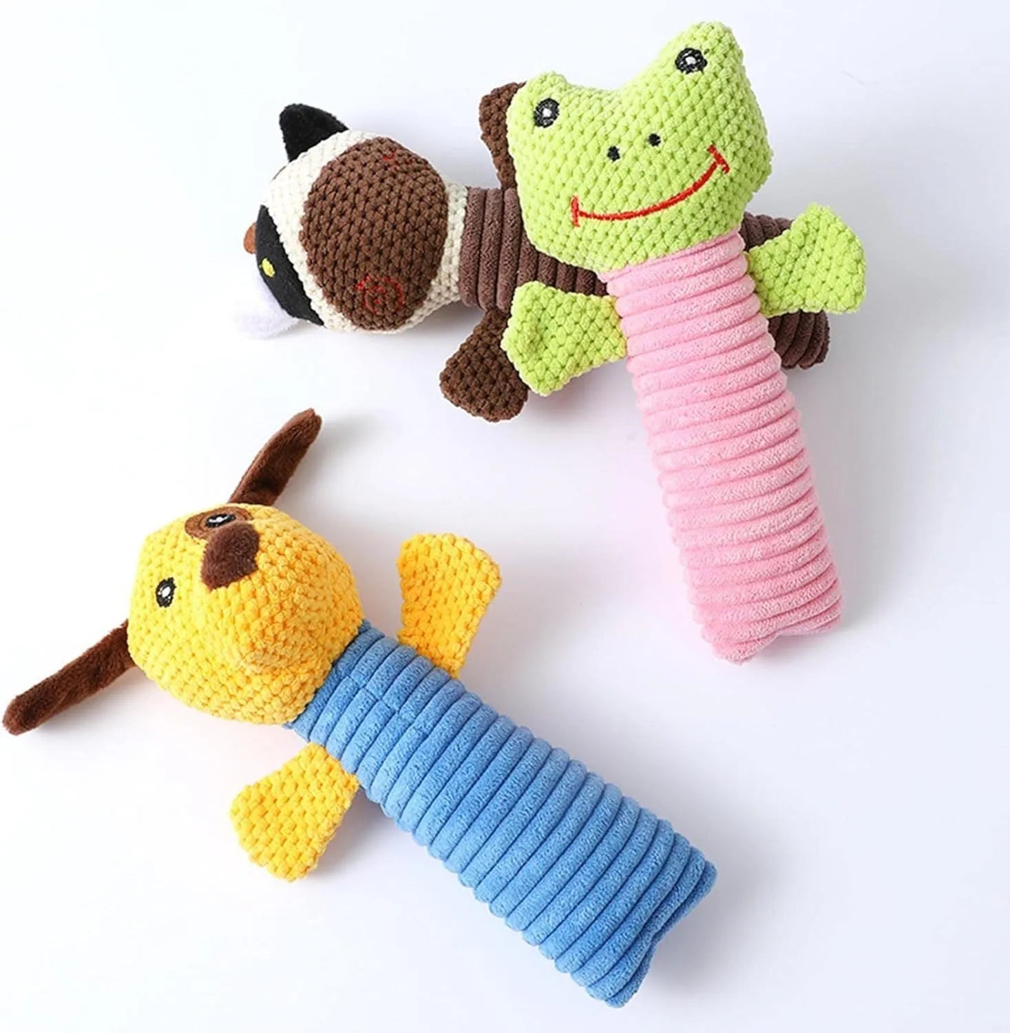 Dog squeaky plush chew toy in animal shape with massaging texture for dental care, 19cm length