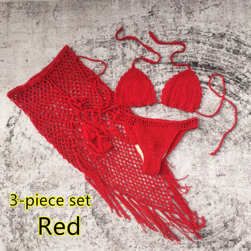 Women's 3-piece handmade crochet bikini beach skirt swimsuit set in solid colours