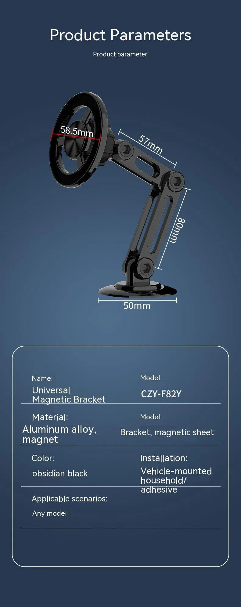 All-metal magnetic car phone holder with magnetic rings and adhesive pads in black, silver, gold, and rose gold options