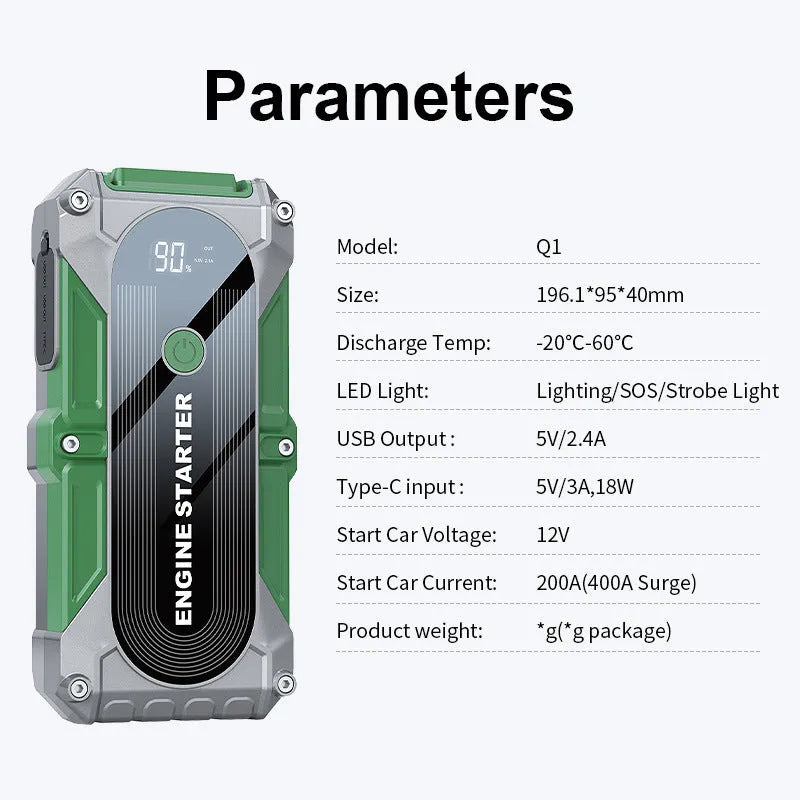 Q1 portable car jump starter with digital display and ordinary clip jumper in storage bag