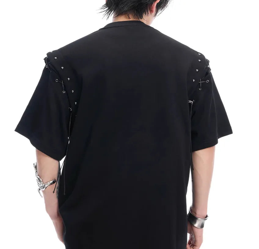 Women's lace-up cutout short sleeve T-shirt in black cotton-polyester blend