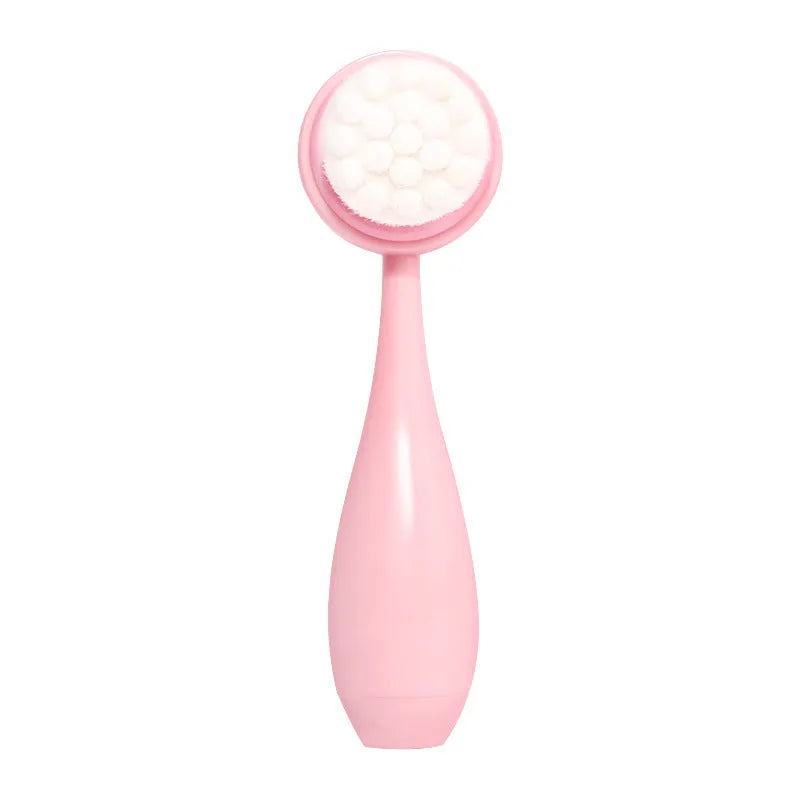 Facial cleansing brush with nylon bristles and coral fleece hair bands in purple, grey or pink colours