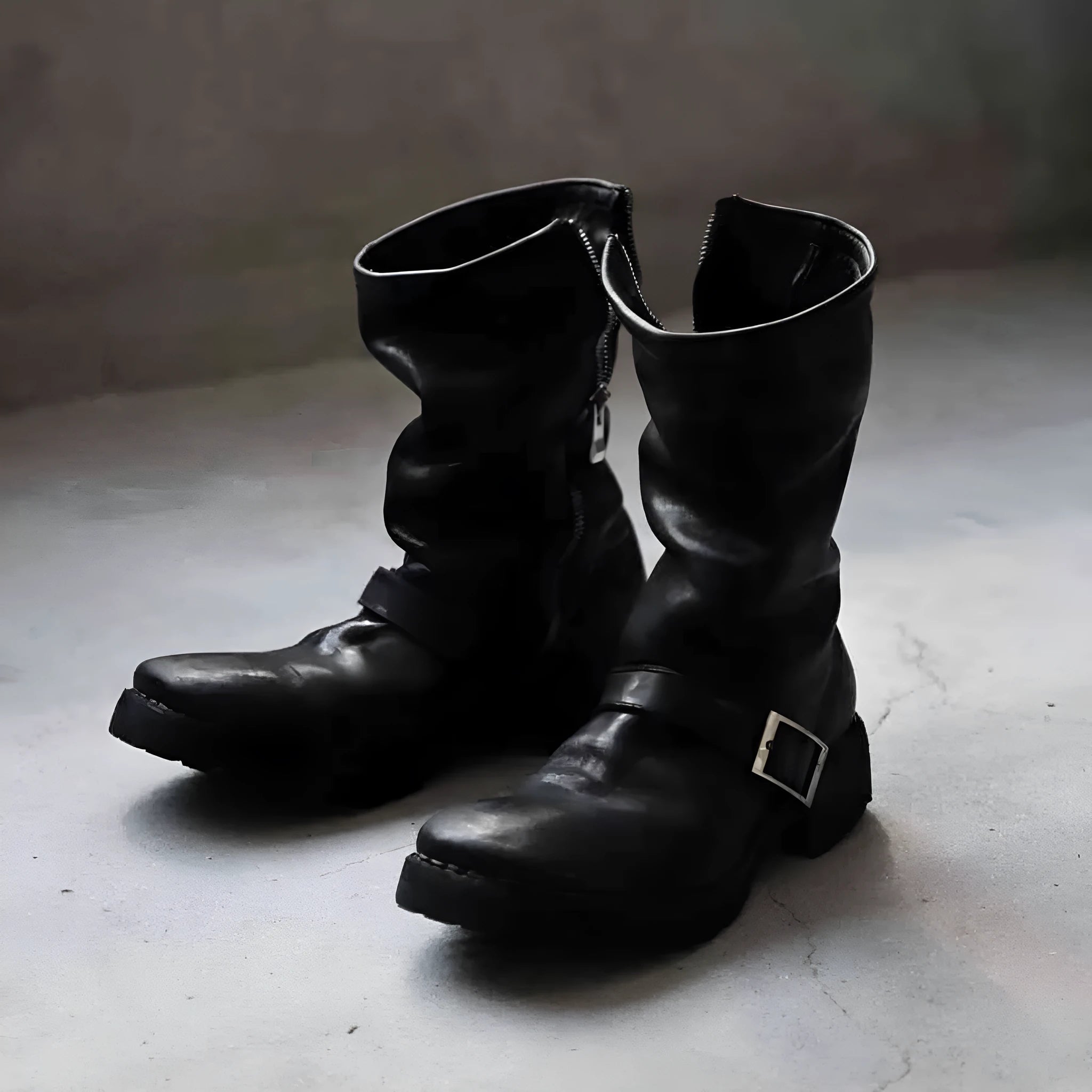Men's dark retro Martin boots with side zipper in black and leather black colours