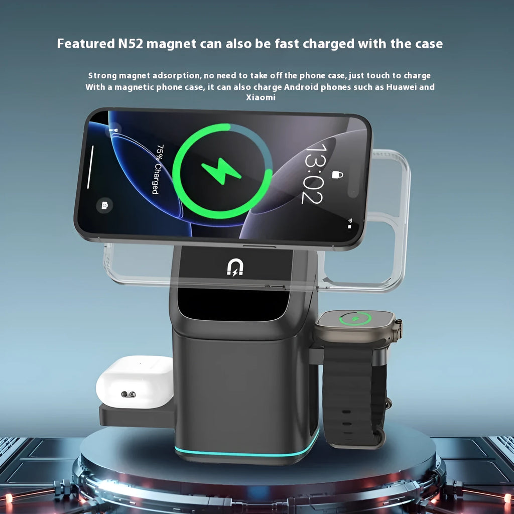Black mobile phone charging stand with 180-degree rotation on wooden desk