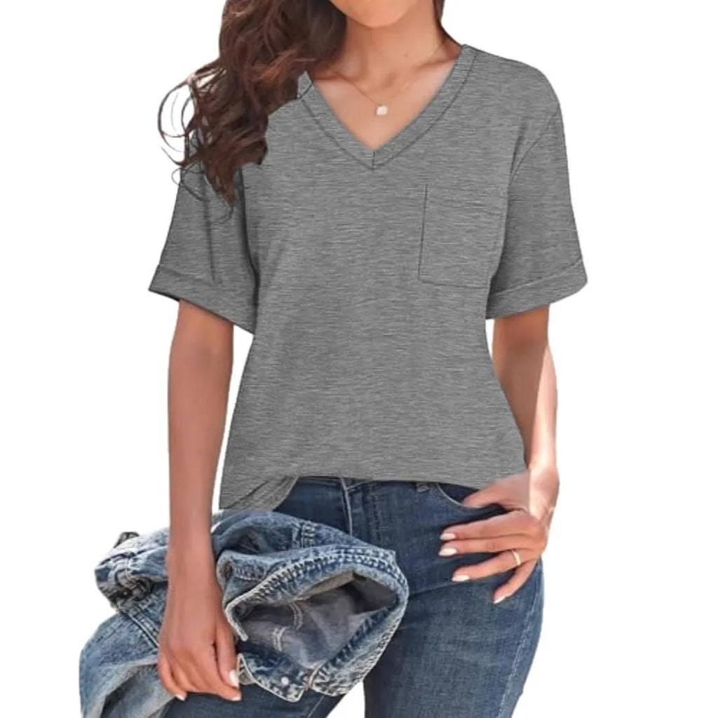 Grey loose fit V-neck T-shirt with chest pocket casual short sleeve top