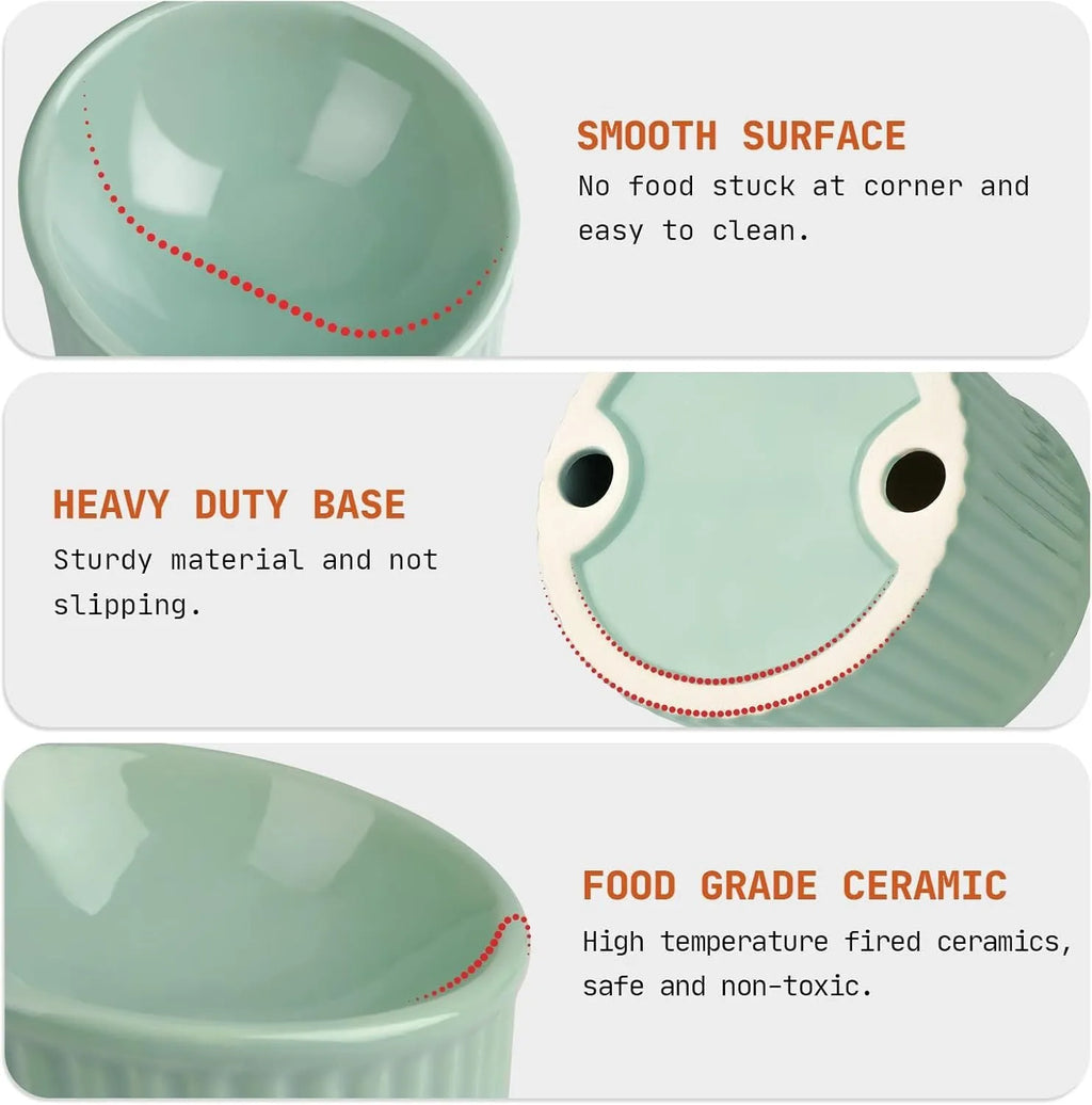 Elevated ceramic cat bowl in green colour showing tilted design and raised height for comfortable feeding
