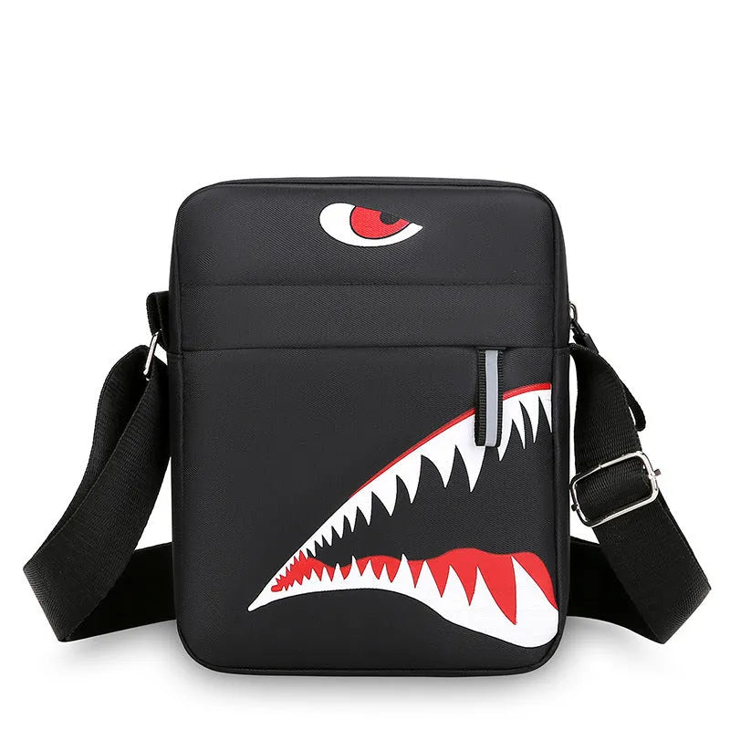 Men's small casual crossbody bag in Oxford cloth, shown in black with adjustable strap and animal print lining visible.
