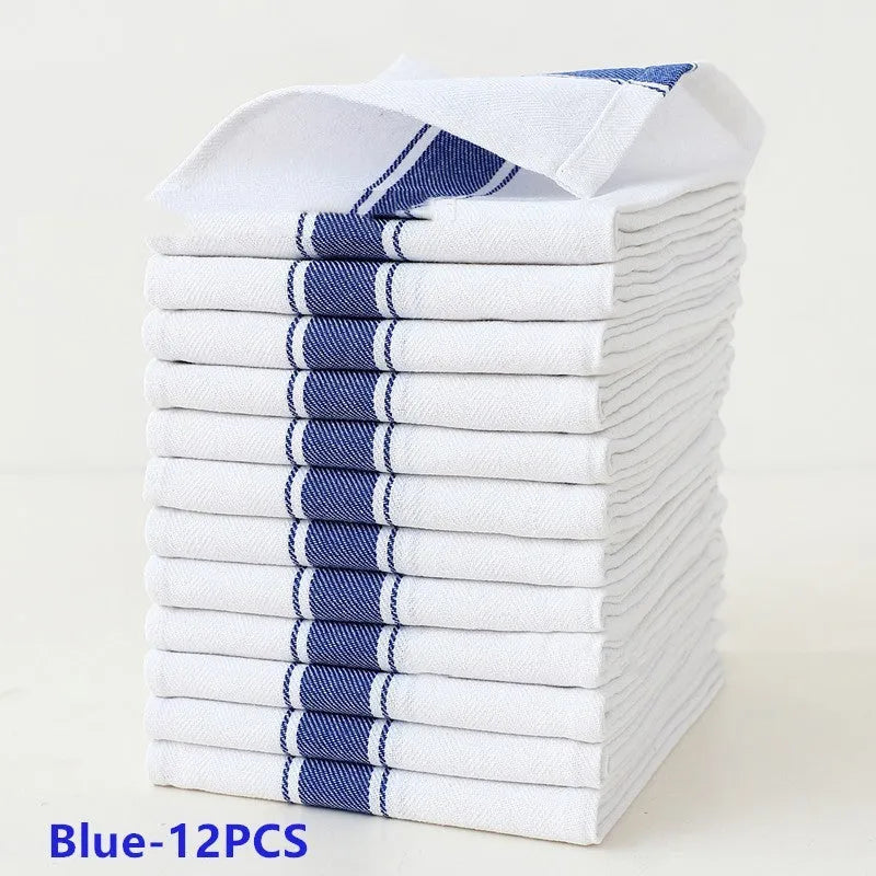 Pack of 12 striped cotton dish towels in assorted colours, showing dimensions of 48cm by 70cm.