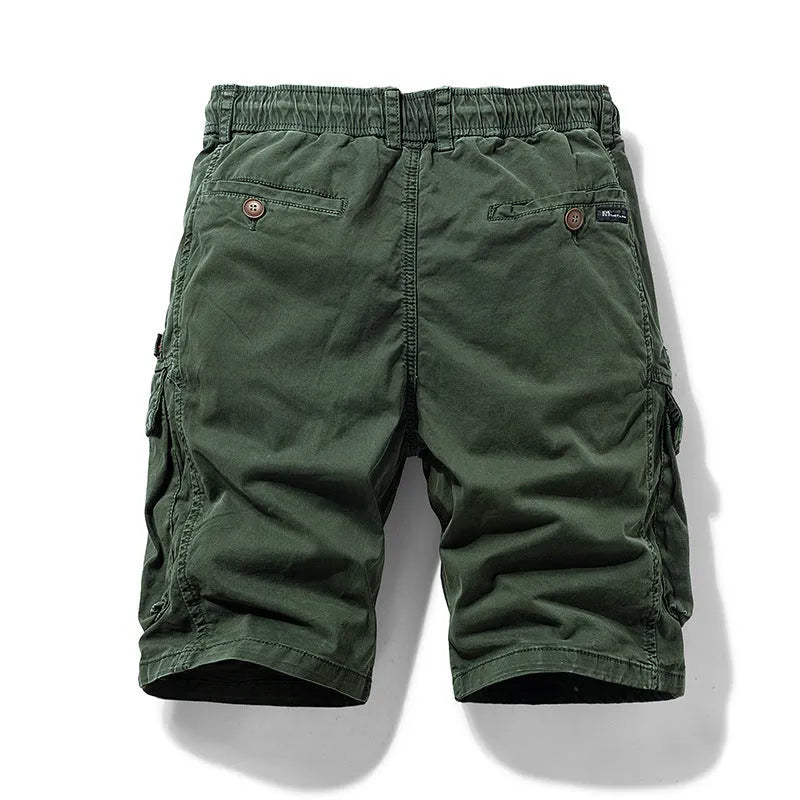 Men's army green cotton shorts with zipper and multiple pockets, Korean style cut.