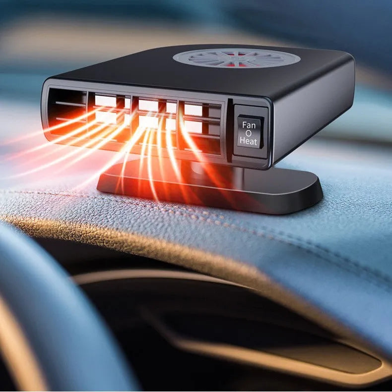 Black vehicle-mounted 12V car heater with adjustable vent for defogging and cabin heating