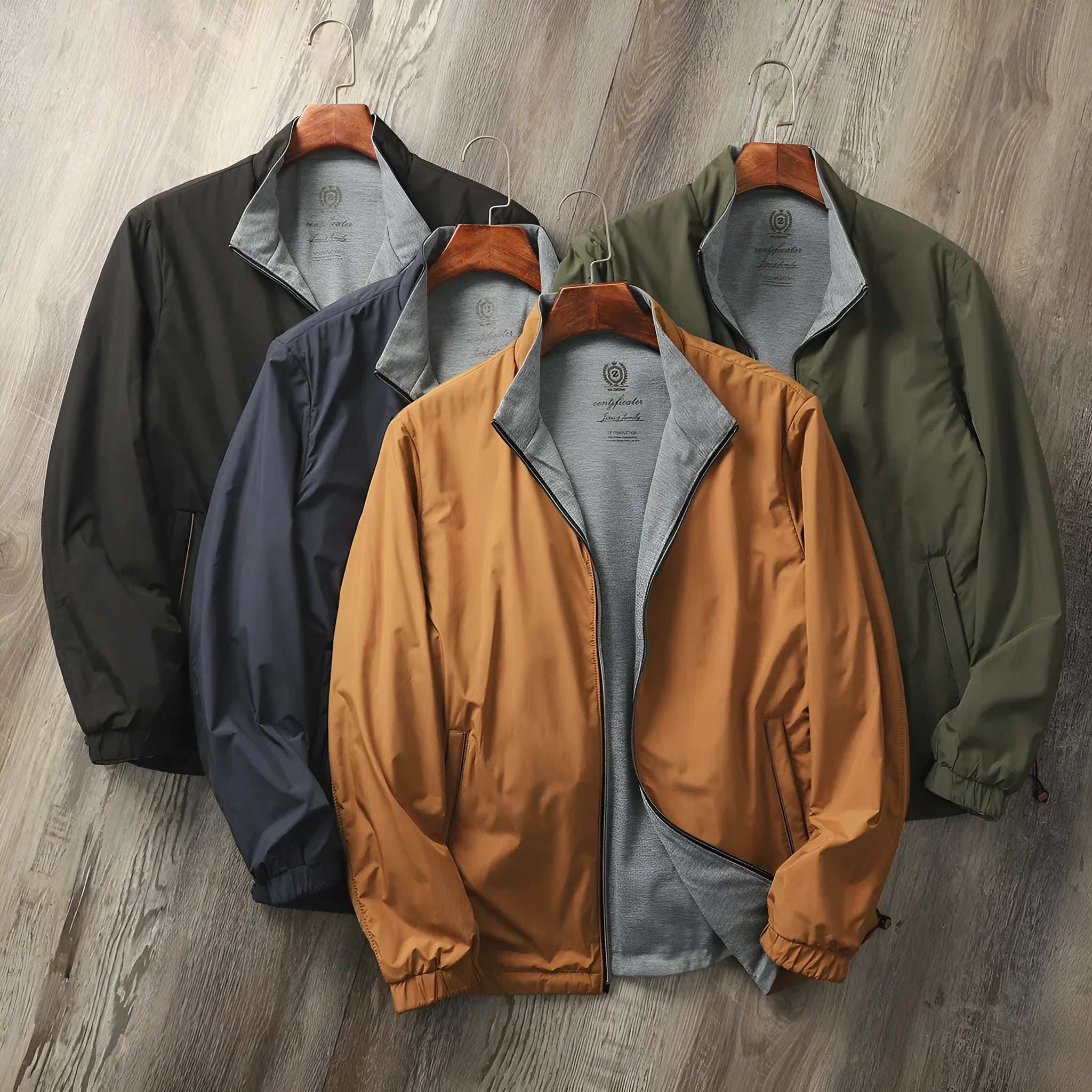 Men's stand collar casual jacket in army green, shown on a model, featuring a simple design with a cotton-lined interior.