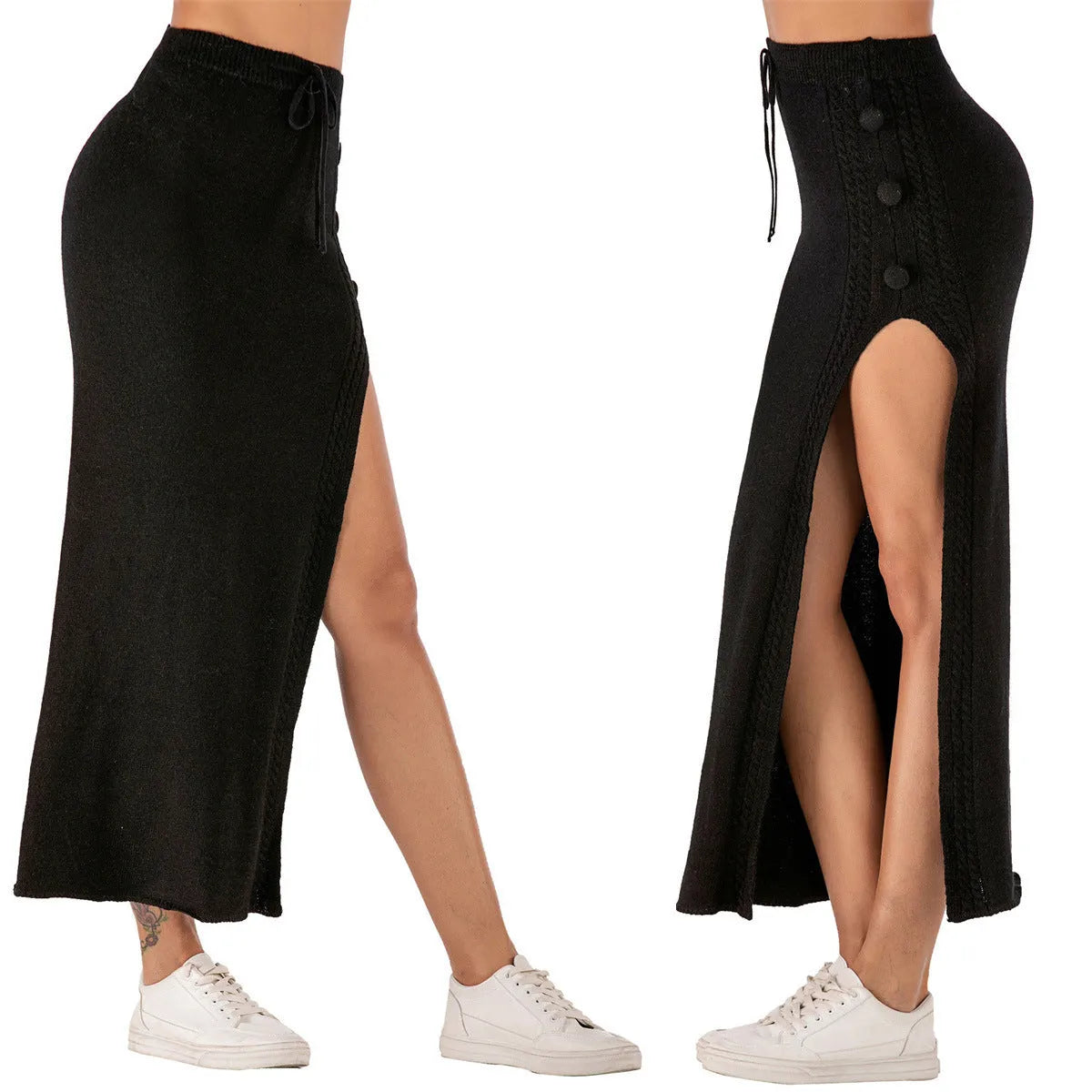 A black slim-fit mid-length women's skirt with a side split and strap detailing on a model.