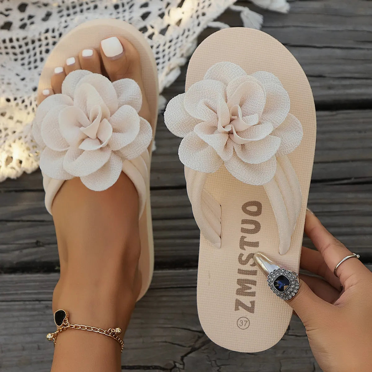 Plus size flower solid colour PU slippers in beige with open round toe, side view