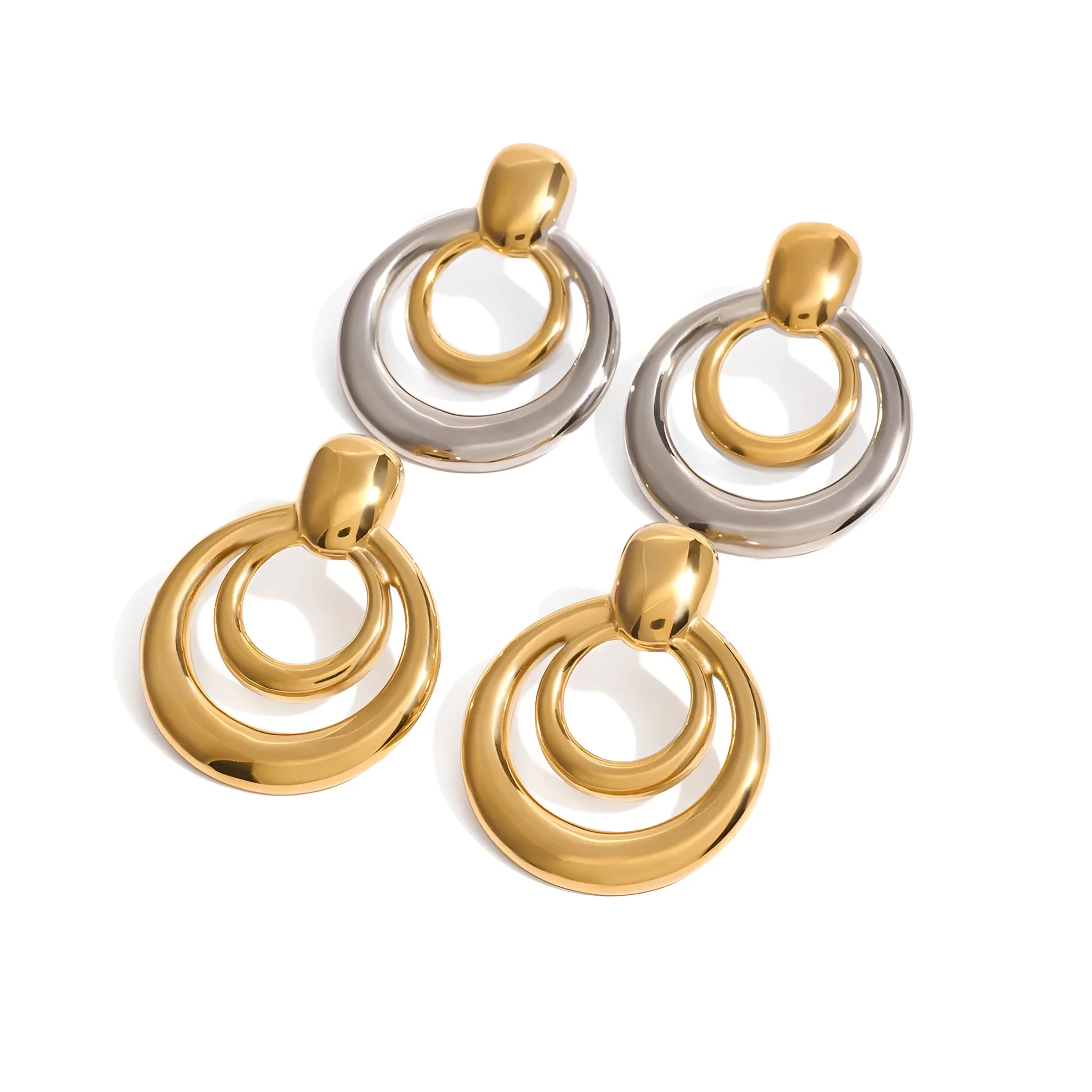 Round double layer hollow stud earrings with geometric design and 18K gold plated finish