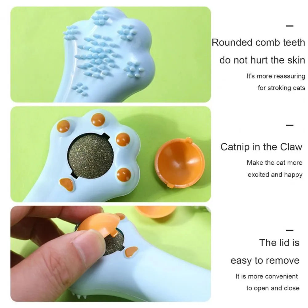 Blue cartoon-design cat grooming comb and dental toy with catnip cartridge measuring 13.5cm long