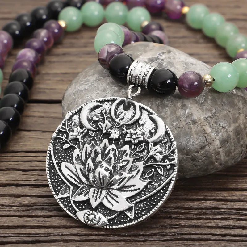 Yoga lotus pendant necklace with adjustable chain and matching bracelet set