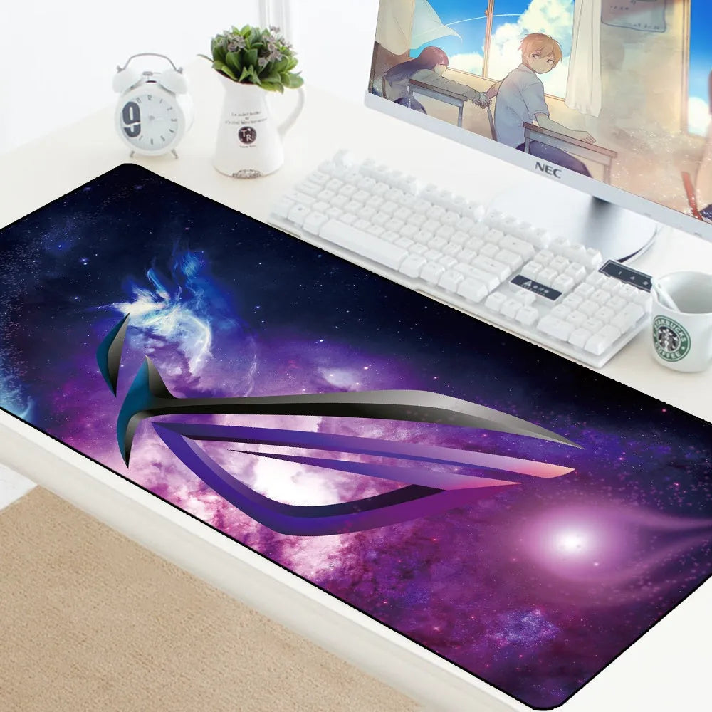 Large 800x300mm desk mouse pad with natural rubber base and Jiaji cloth surface in ROG anime style