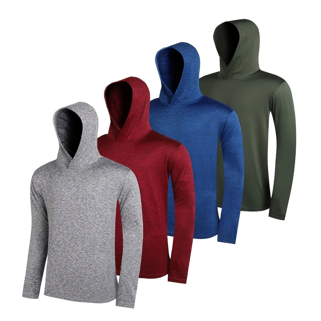 Four men's lightweight hoodies folded, showing elastic polyester fabric in a solid colour.