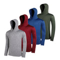 Four men's lightweight hoodies folded, showing elastic polyester fabric in a solid colour.