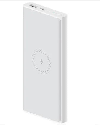 White and black 10000mAh power bank showing USB-C port and wireless charging surface