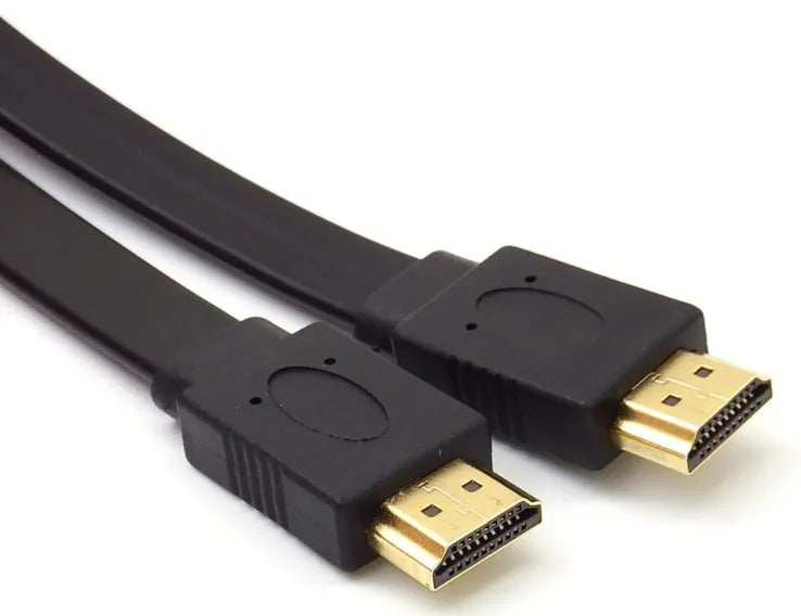Flat black HDMI cable with HDMI connectors at each end on a white background.