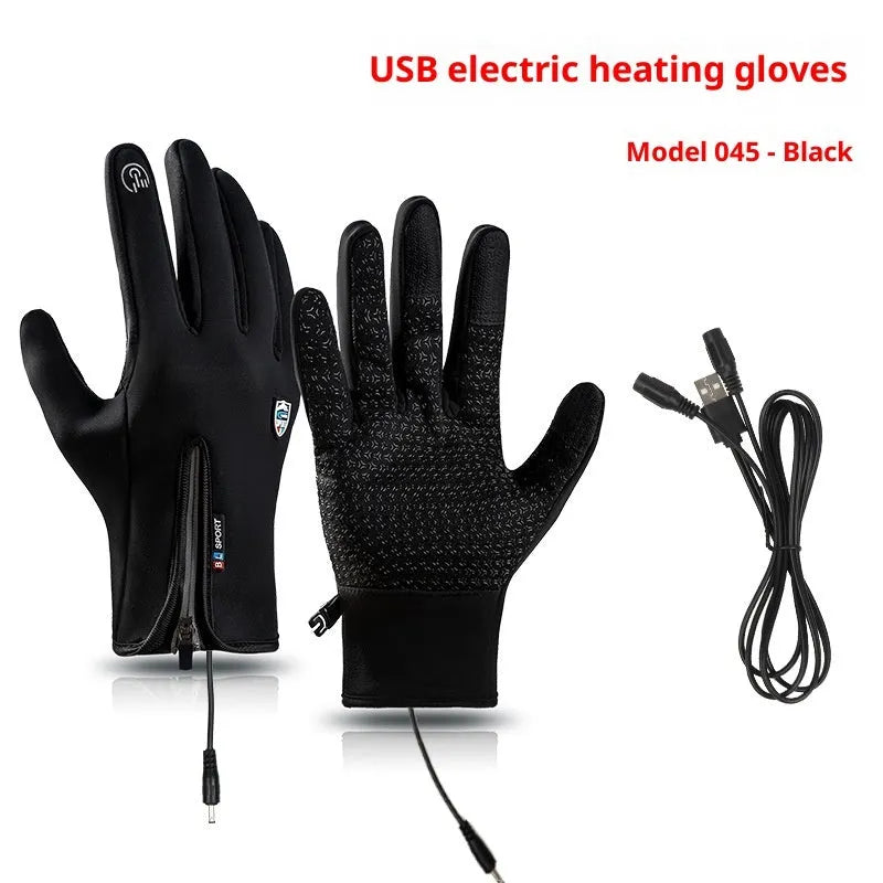 USB heating winter cycling gloves in black with constant temperature feature and windproof waterproof nylon fabric