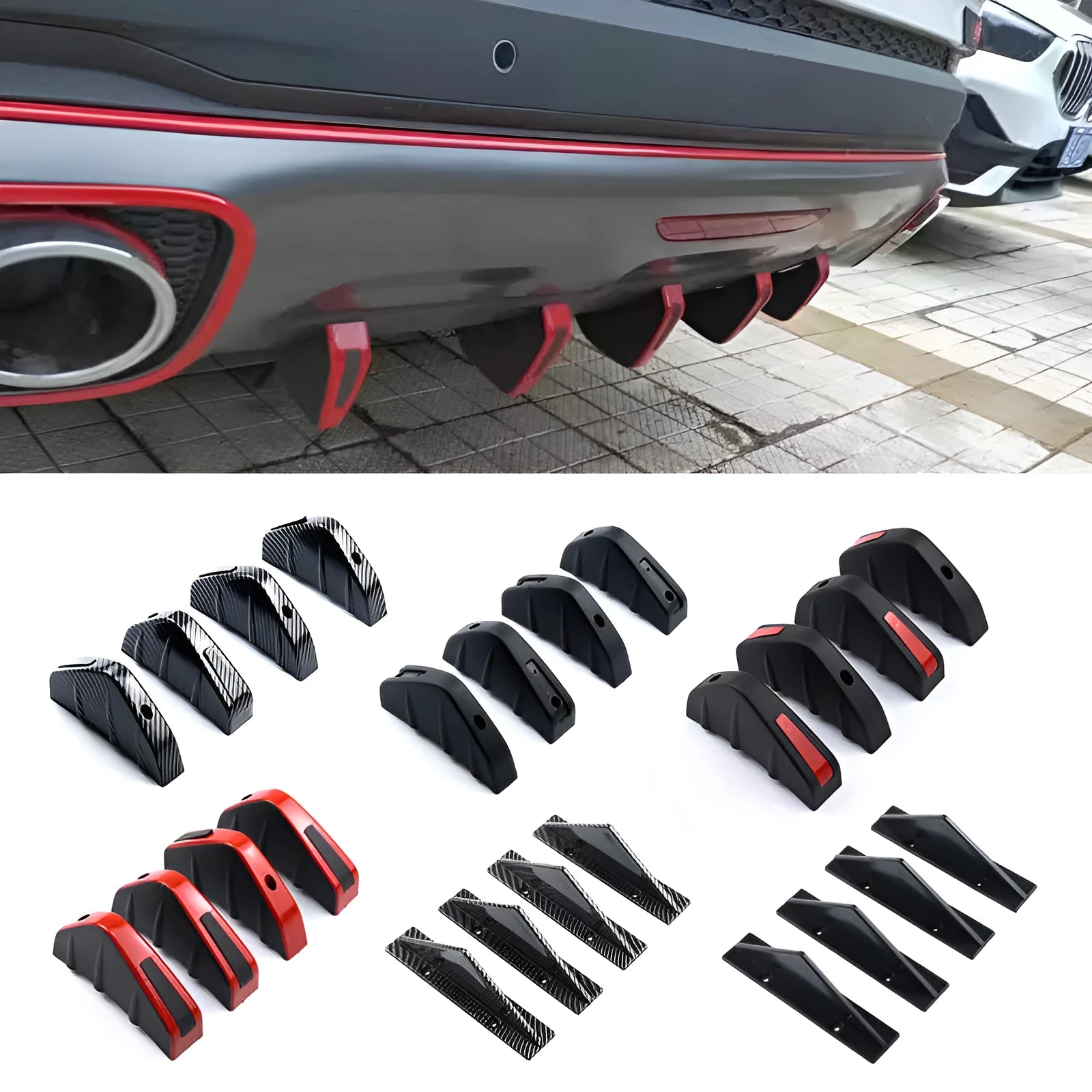 Black triangular car rear spoiler with carbon fibre pattern option measuring 15cm wide