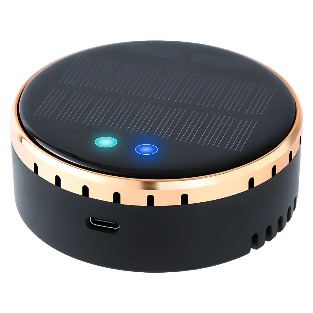 Black solar-powered car air humidifier mounted on a vehicle's air conditioning vent.