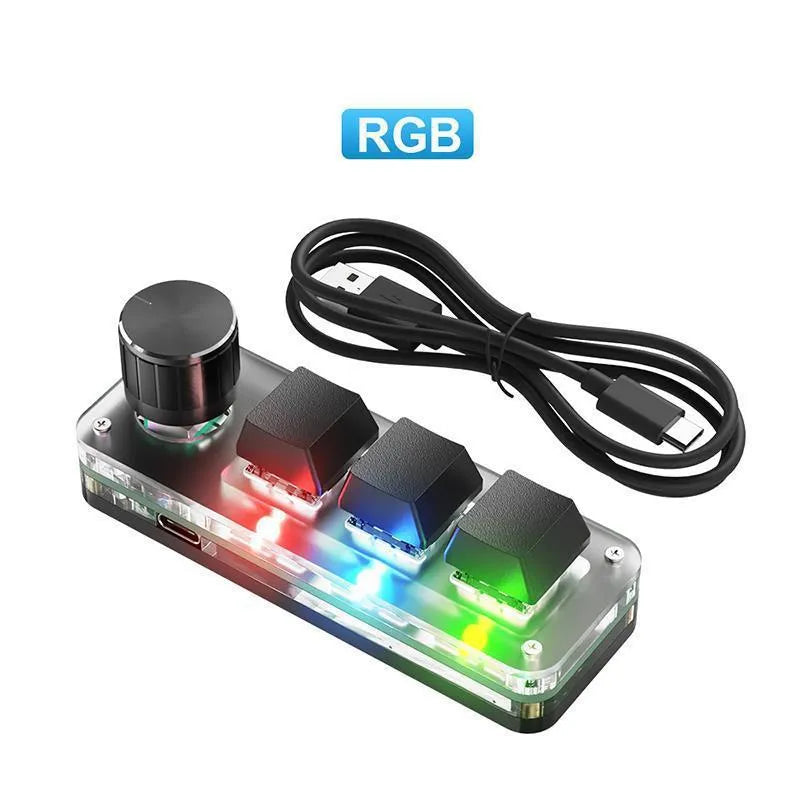 Black custom mechanical keypad with RGB backlight showing copy and paste macro keys