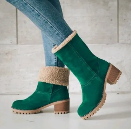 Women's suede mid-calf snow boots in black with a thick flat heel and round toe.