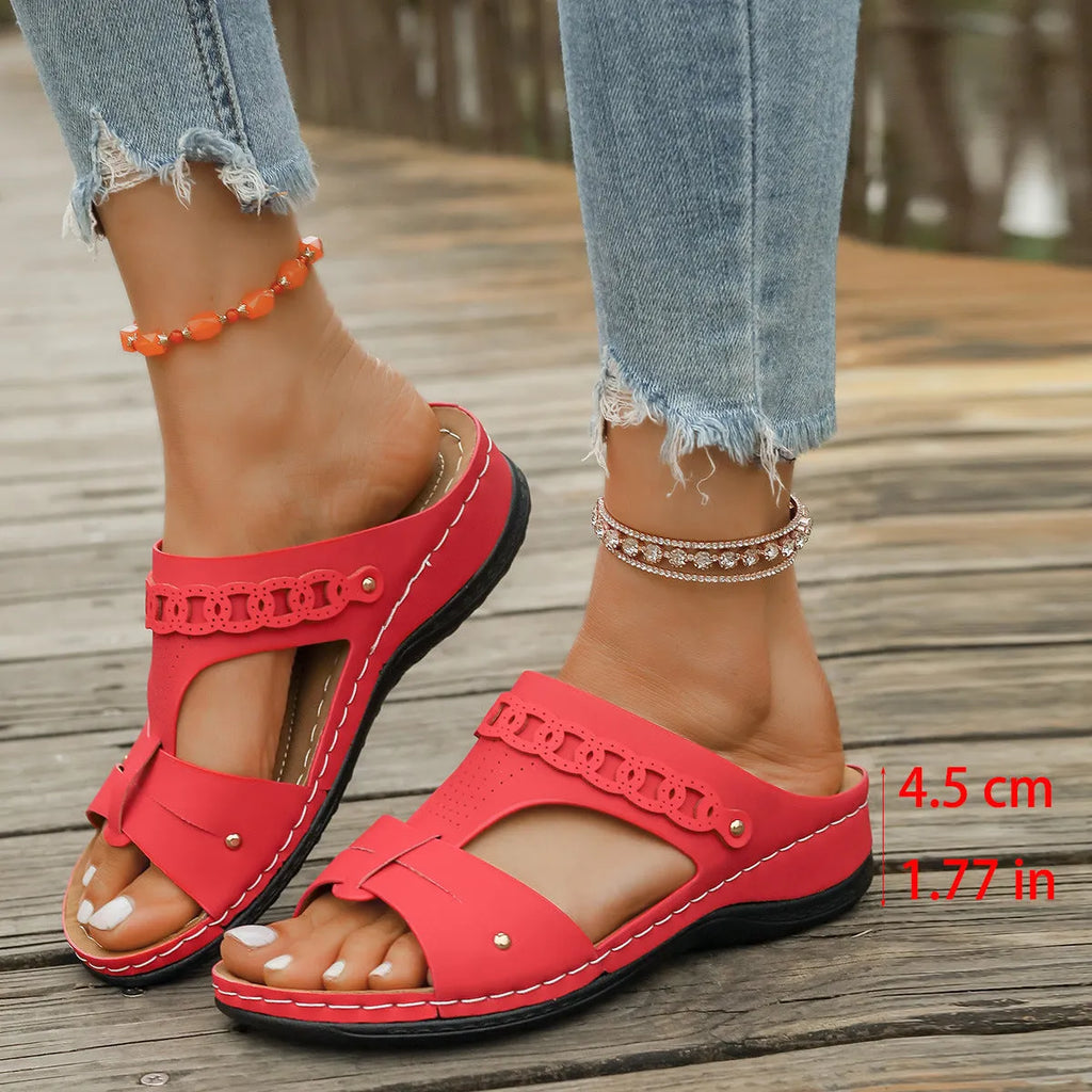 Roman style slippers with slope heel in six colour options showing fish mouth toe holder design