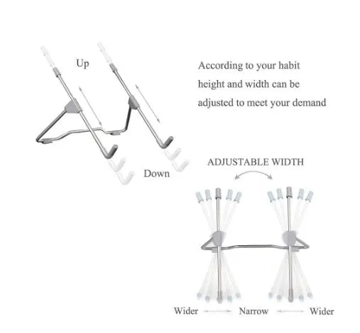 Grey aluminium alloy and plastic stand holding a mobile phone and a laptop.