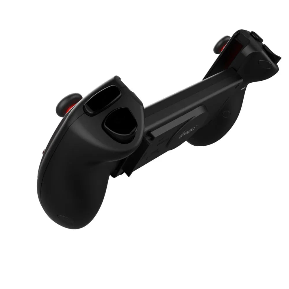 Red telescopic Bluetooth gamepad controller extended with smartphone and USB cable