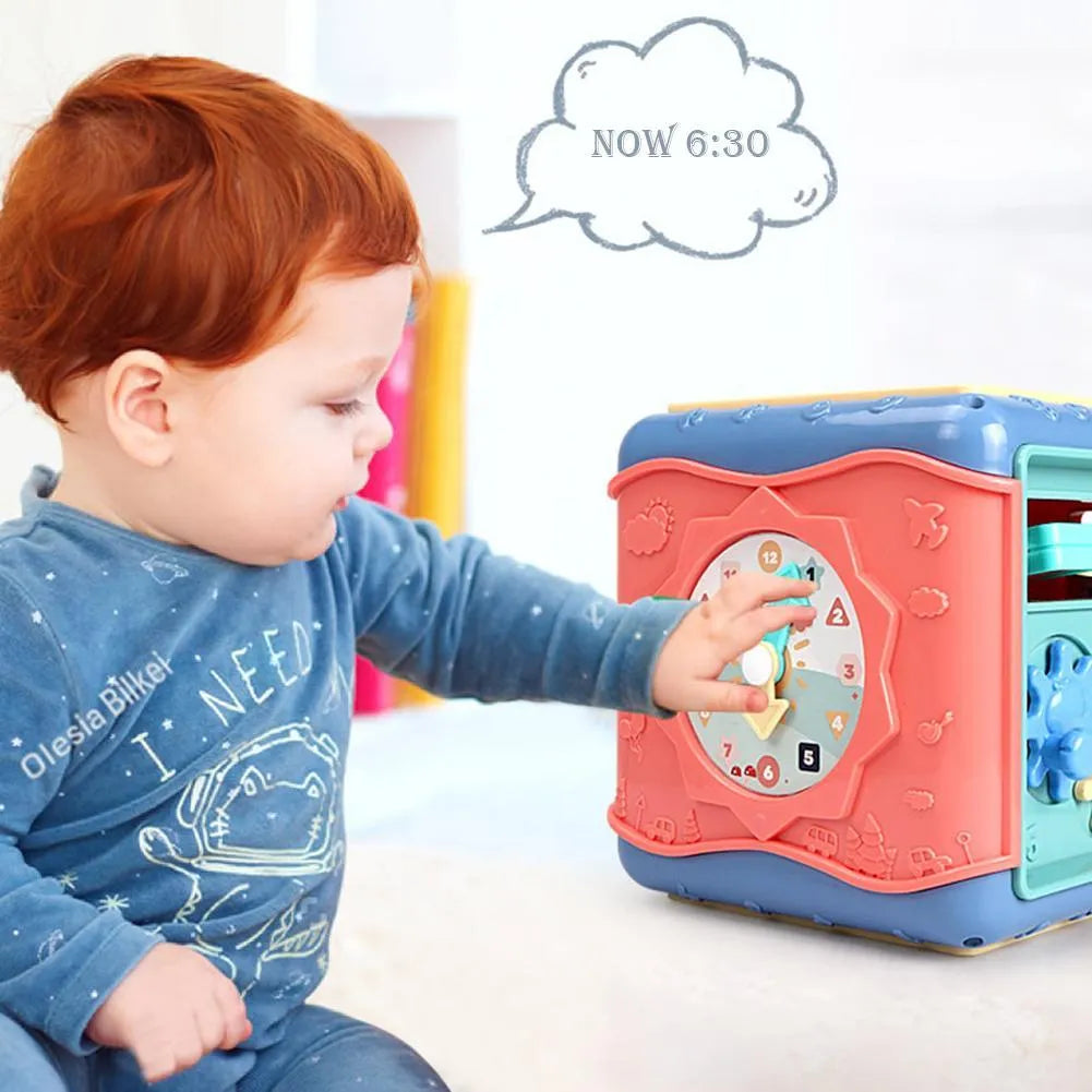 Colourful six-sided Montessori educational activity cube for babies with bead maze and gears