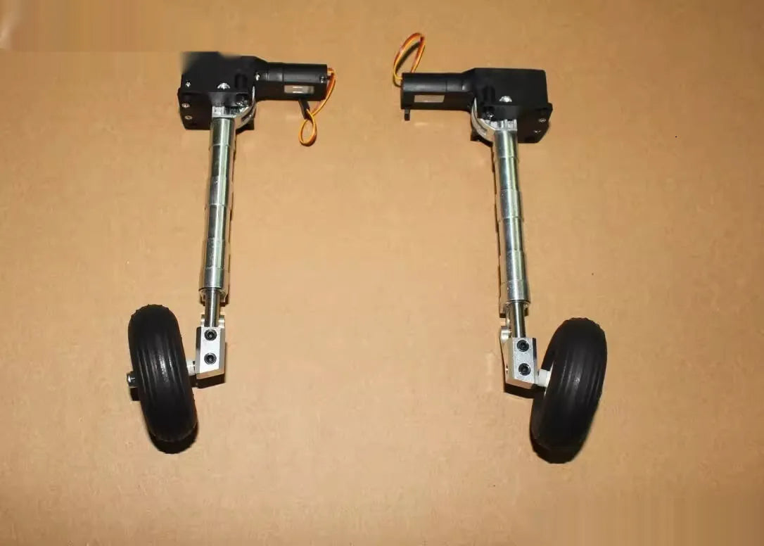 Alloy retractable shock-absorbing landing gear for model aircraft with wheels.