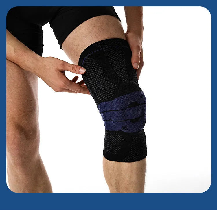 Adult sports knee pad in black and blue colour, size L, made from nylon and spandex.