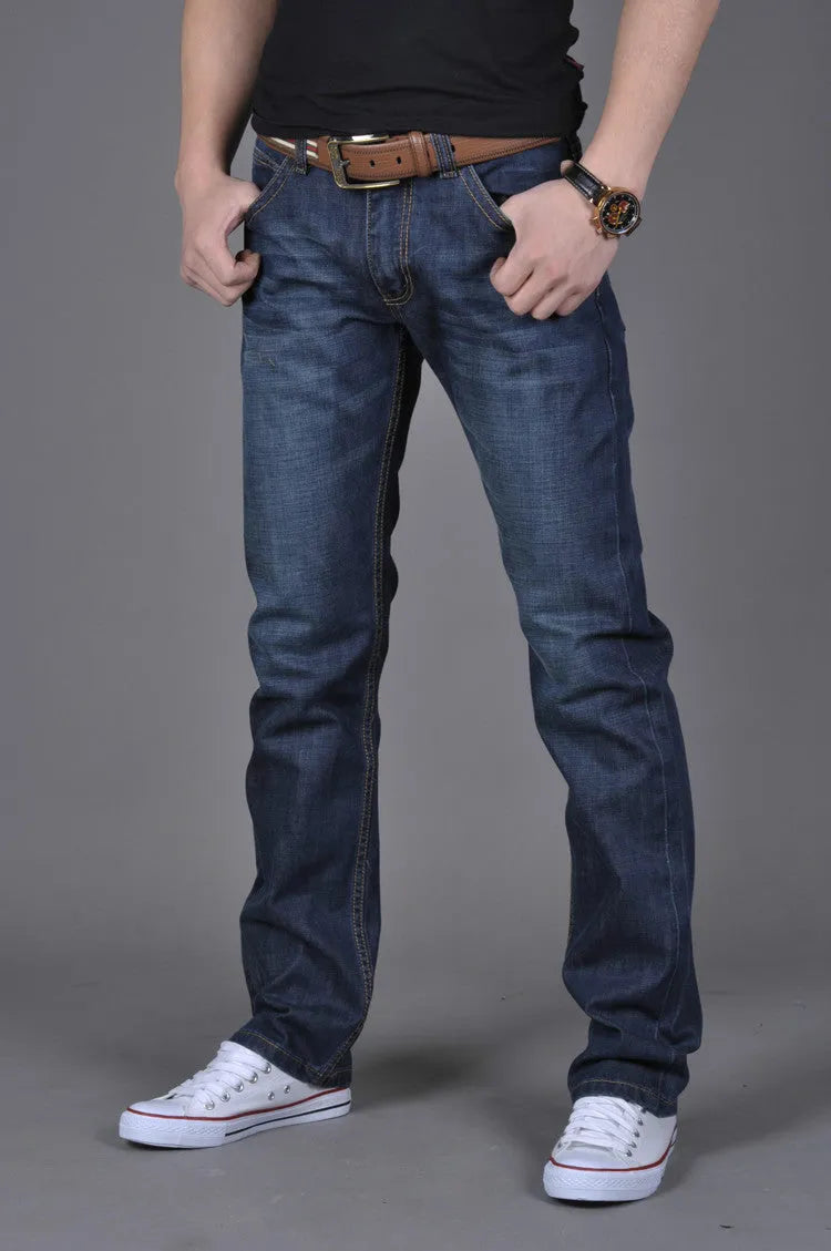 Men's straight slim jeans in dark blue with stackable leg, 35% cotton, water-washed finish, sizes 28-38