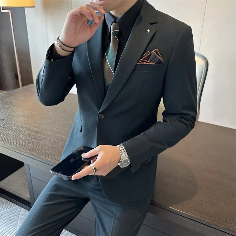 Men's slim fit business formal jacket in dark green, brown, and camel colour options