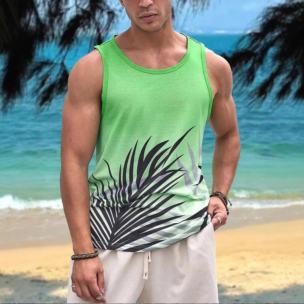 3D printed men's Hawaiian style sleeveless vest tank top in solid colour polyester pinhole cloth