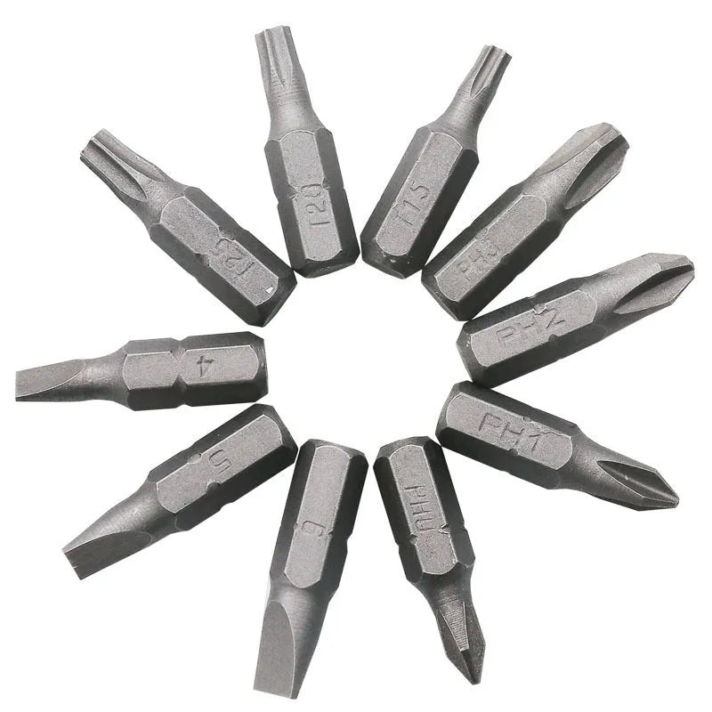 L-shaped double-headed socket wrench handle with set of ten steel drill bits and ten matching socket wrenches.