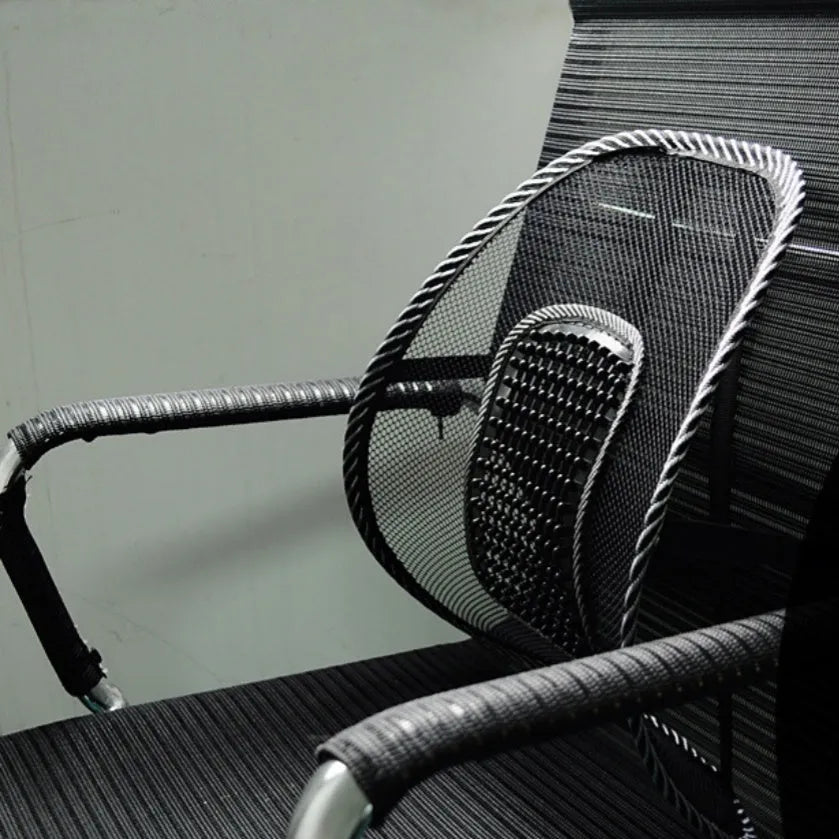 Black lumbar support pillow with steel wire frame for car and office chairs
