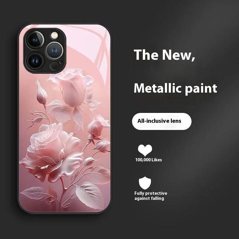 Blooming rose painted tempered glass phone case in pink colour for iPhone 12-15 series