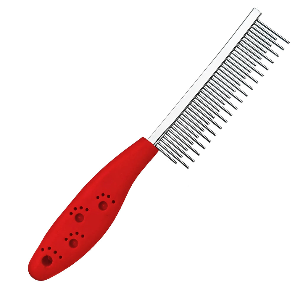 Red plastic handle pet grooming comb with stainless steel short and long teeth for dematting