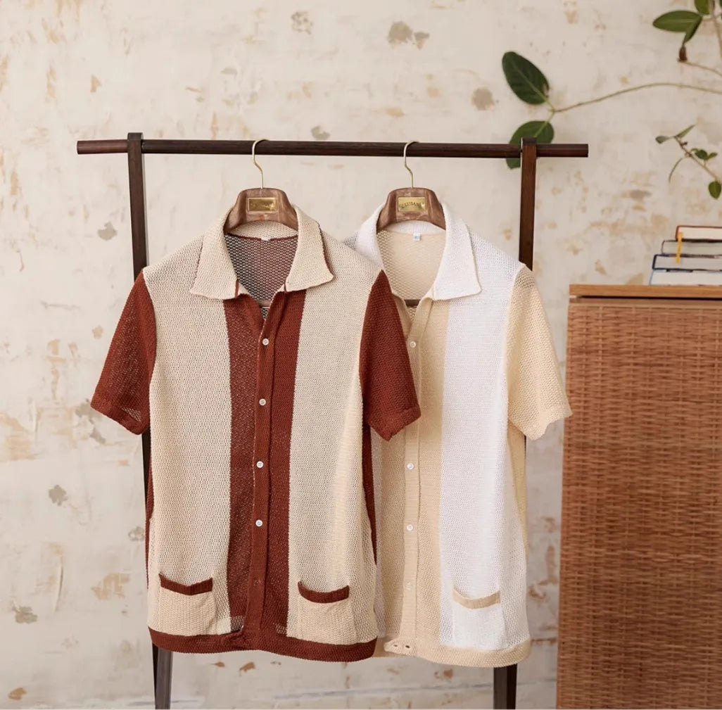 Hollow cotton and linen lapel short-sleeved cardigan knitted top in beige on a model