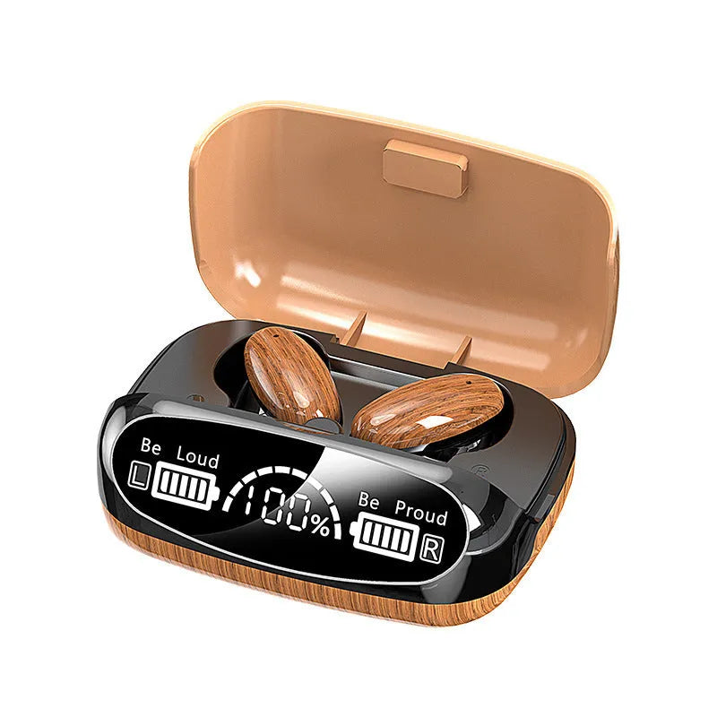 M35 wood grain wireless Bluetooth earbuds with charging case showing power display