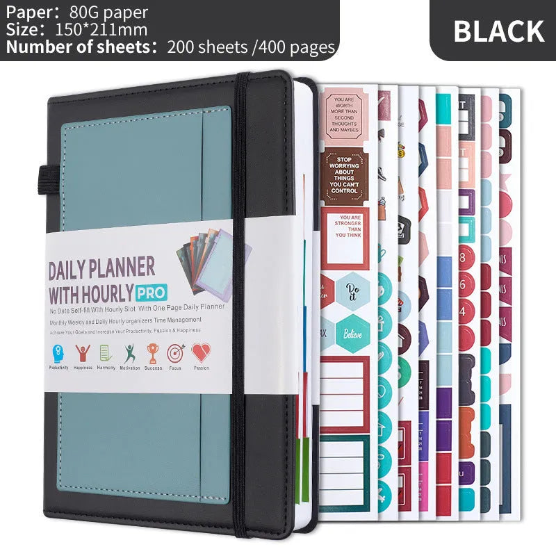 A5 notebook with PU cover, open to show no-date strap and thread binding, with planning stickers.