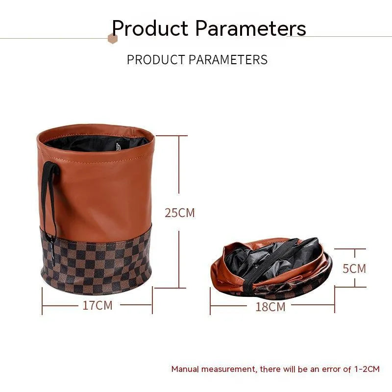 Leather retractable car trash can shown folded and unfolded, with waterproof construction and carrying handle