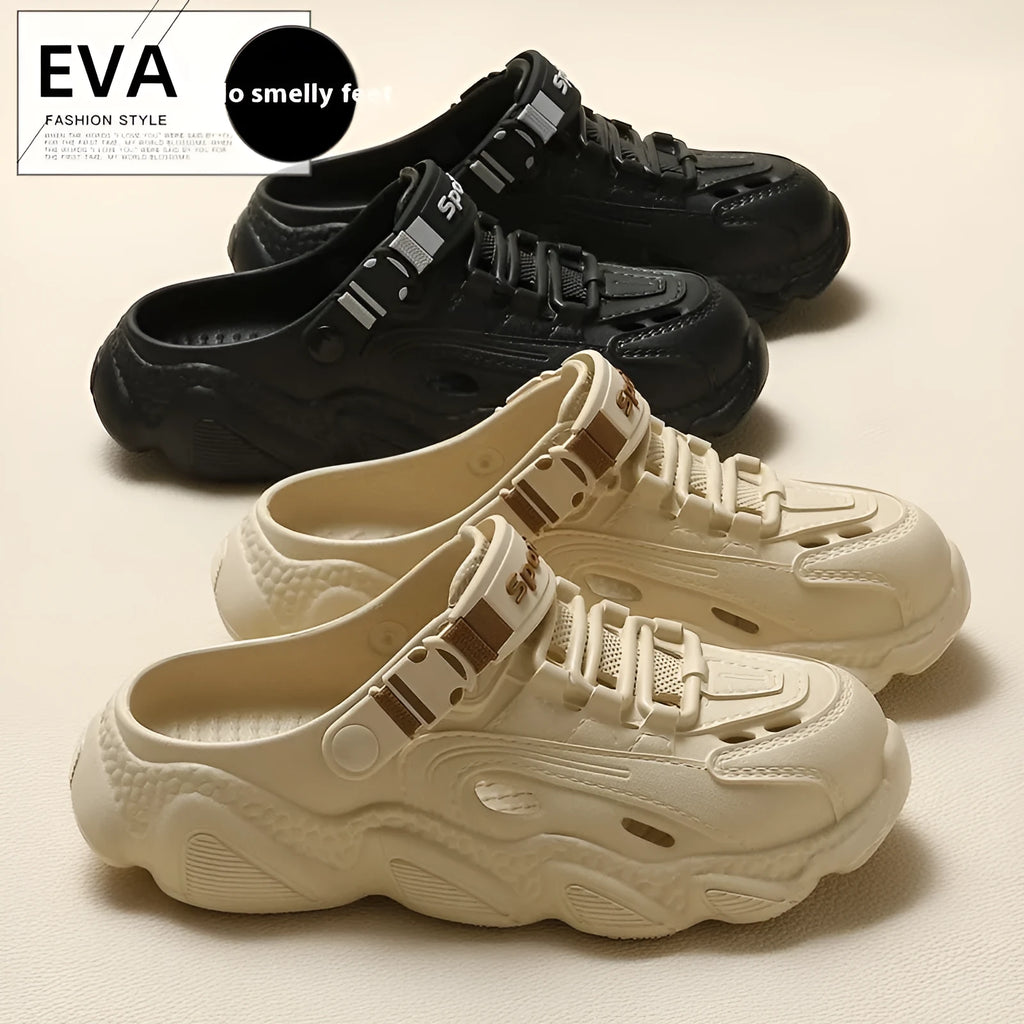 Men's khaki outdoor slippers with a hollow out design and textured EVA sole.