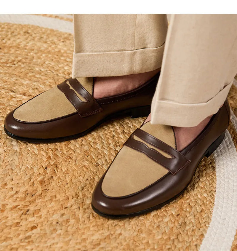 Men's coffee-grey suede slip-on loafers with a high-gloss finish and rubber sole.